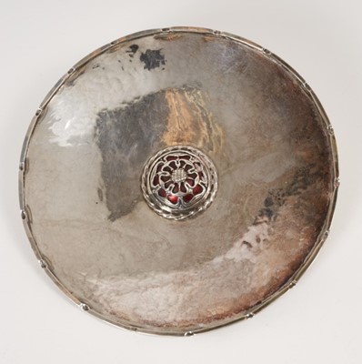 Lot 429 - Omar Ramsden 1930s silver dish with crimped border and applied silver and red enamel rose