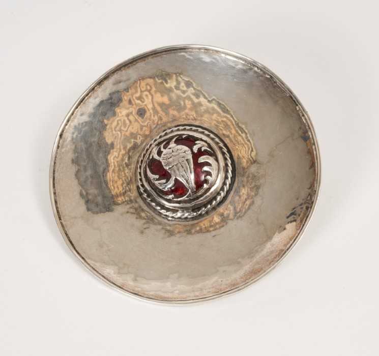Lot 430 - 1920s Omar Ramsden silver dish with applied silver and red enamel thistle head