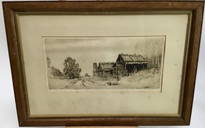 Lot 310 - Sylvia Morgan, 1929 - 'Roadside Shanties' - Label to back reading: This etching of a roadside shanty in Australia was presented to Admiral Sir Dudley De Chair, during his term of office as Governor...