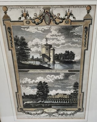 Lot 539 - Two 18th century engravings, one hand-coloured, from Walpoole's British Traveller, Views of Shugborough House in Staffordshire, in glazed frames