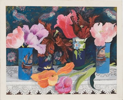 Lot 936 - *Dione Page (1936-2021) gouache and pastel on paper - still life with four vases, signed titled and dated, 35cm x 27.5cm, laid on card, unframed.