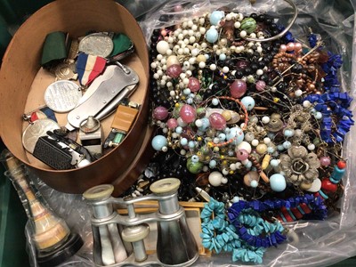 Lot 857 - Mixed costume jewellery, pair of opera glasses, coins and bijouterie