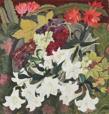 Lot 938 - *Dione Page (1936-2021) gouache and pastel on paper - 'Lilies and Grapes', signed titled and dated '04, 57cm x 60cm, unframed.