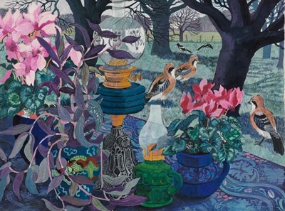 Lot 940 - *Dione Page (1936-2021) gouache and pastel on paper - 'Birds in the Garden', signed titled and dated '95, 79cm x 60cm, laid on card, unframed.