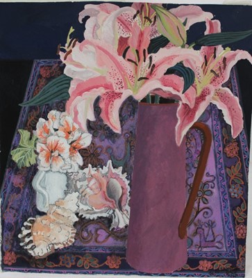Lot 941 - *Dione Page (1936-2021) gouache and pastel on paper - ' The Pink Jug', signed titled and dated '08, 26cm x 28cm, unframed.