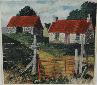 Lot 942 - *Dione Page (1936-2021) gouache and pastel on paper - 'Red gate and roof', signed titled and dated '97, 27cm x 25cm, laid on card, unframed.