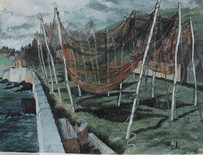 Lot 943 - *Dione Page (1936-2021) gouache and pastel on paper - 'The Salmon Nets', signed titled and dated '94, 79cm x 60cm, laid on card, unframed.