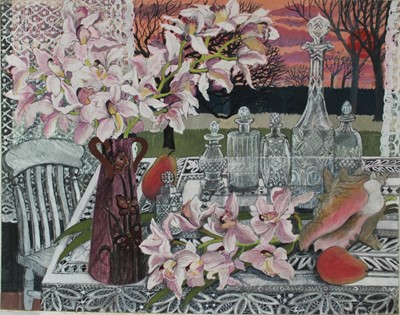 Lot 944 - *Dione Page (1936-2021) gouache and pastel on paper - still life with lilies, lace and glass, signed titled and dated '91, 77cm x 60cm, laid on card, unframed.