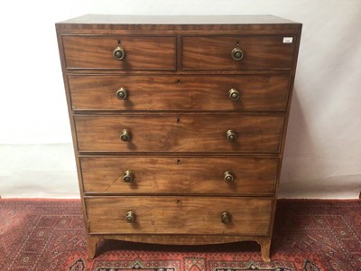 Lot 1380 - George III mahogany chest of two short and four long graduated drawers with cock beaded edge and brass handles on splayed bracket feet, 107cm wide x 132cm high x 55cm deep.