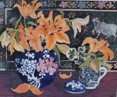 Lot 933 - *Dione Page (1936-2021) gouache and pastel on paper - 'Orange Lilies', signed titled and dated '99, 34cm x 27.5cm, laid on card with mount.