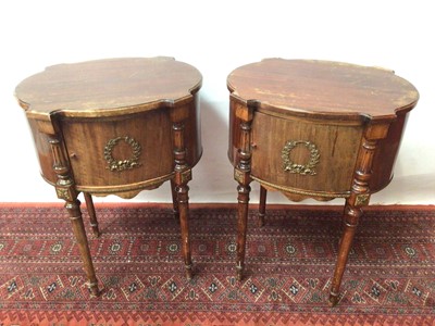 Lot 1383 - Pair of French bedside cabinets of shaped oval form on turned legs, 50cm wide x 69cm high