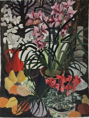 Lot 931 - *Dione Page (1936-2021) gouache and pastel on paper - still life with oil lamp and snowy landscape, unsigned, 52cm x 67.5cm, unframed