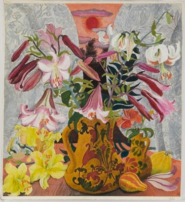 Lot 930 - *Dione Page (1936-2021) gouache and pastel on paper - still life with orange painted jug, inscribed, 55cm x 60cm, laid on board, unframed.