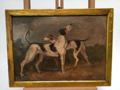 Lot 508 - English School, oil on panel - Two Hounds in Landscape, 24cm x 33cm, in gilt frame