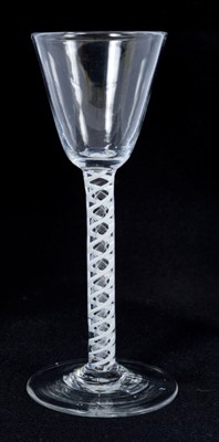 Lot 513 - 18th century wine glass with plain bowl, double opaque twist stem on splayed foot 16 cm