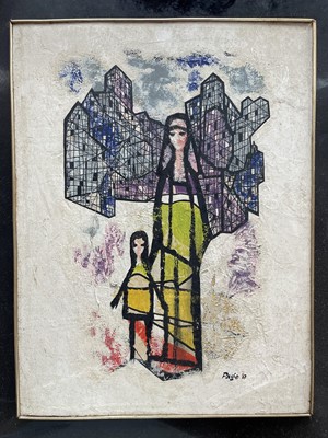 Lot 1172 - Attributed to Frederick Hutchison Page (1908-1984) mixed media on board - Mother and Child, signed Page and dated '67, 43cm x 32.5cm, in period frame