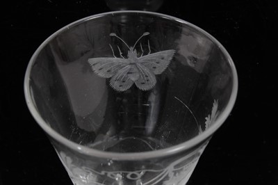 Lot 270 - 18th century wine glass with vine and butterfly engraved bowl, double opaque twist stem on splayed foot 15.6cm