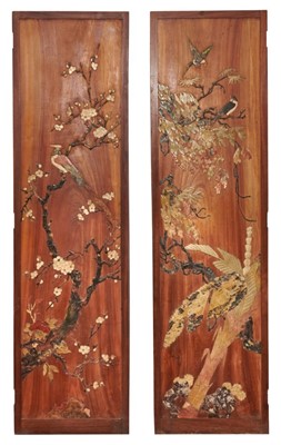 Lot 889 - Good quality pair of antique Japanese figured hardwood and hardstone inlaid panels, each finely inlaid with pheasants in flowering shrubs, 161cm high