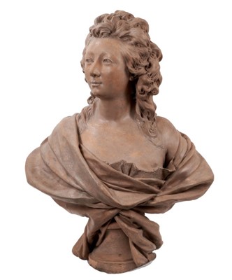 Lot 890 - After Nicolas Coustou (1658-1733): Large 19th century terracotta bust Countess Noille, incised to rear 'Nicolaus Coustou. Lugd Fecit MDDCCXXIII, 77cm high