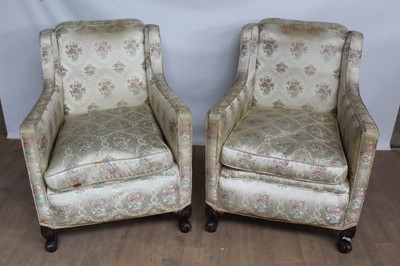 Lot 1422 - Pair of good quality early 20th century silk damask upholstered square back armchairs.