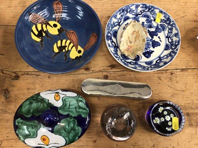 Lot 36 - Group of ceramics, two glass paper, Whitefriars and Wedgwood paperweights, silver-mounted brush, etc