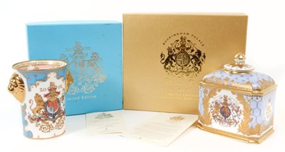 Lot 178 - The Golden Jubilee 2002, Royal Collection limited edition porcelain beaker decorated with Royal Arms in fitted box, The Diamond Jubilee 2012, Royal Collection Limited edition porcelain caddy decora...