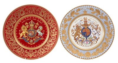 Lot 179 - The Golden Jubilee 2002 and the Diamond Jubilee 2012- two impressive Royal Collection limited edition porcelain chargers decorated with Royal Arms, 33 cm diameter in original fitted boxes.(2)