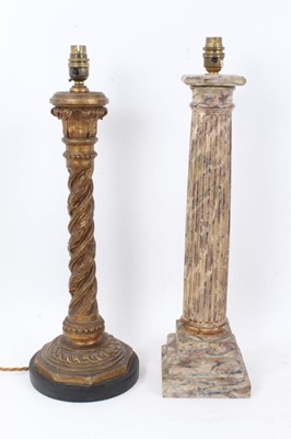 Lot 901 - Marble grained wooden corinthian column table lamp, 48cm high, together with a carved gilt wood table lamp, with spiral column. (2)