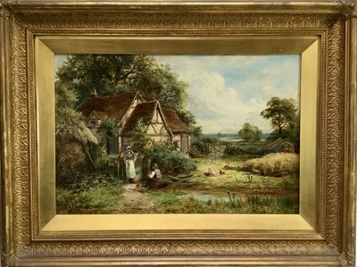 Lot 1151 - Robert John Hammond (act.1879-1911) oil on canvas - figures before a rural farmstead, signed and dated 1901, in gilt frame