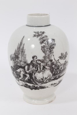 Lot 7 - A Worcester tea caddy, circa 1770, printed by Robert Hancock with Lady Watering Garden and L'Amour, 13cm high