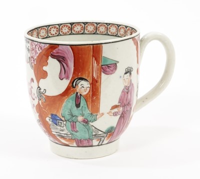 Lot 11 - A Worcester coffee cup, circa 1775, painted in bright colours with a version of the 'Mandarin' pattern with leaf-edged panels containing Chinese figures, 6.5cm high
