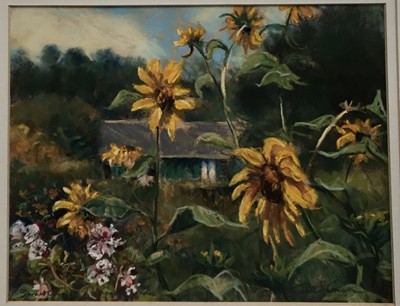 Lot 365 - Lynette Singers, contemporary, pastel - Sunflowers in Monet's Garden, signed, 19.5cm x 25cm, in glazed gilt frame