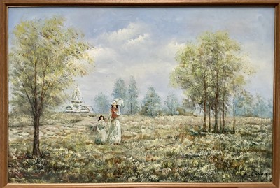 Lot 366 - K. Connie, contemporary, oil on canvas - figures in a park, signed, 60cm x 90cm, framed