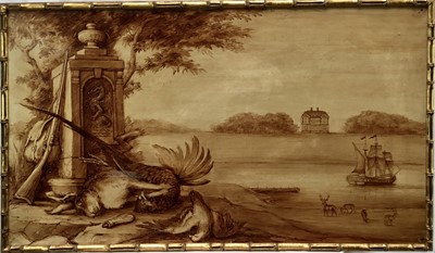 Lot 367 - William Fielding, 20th century, sepia grisaille on board - An estuary view with hunting trophies, signed Provenance: The Lady Elizabeth Shakerley Collection...