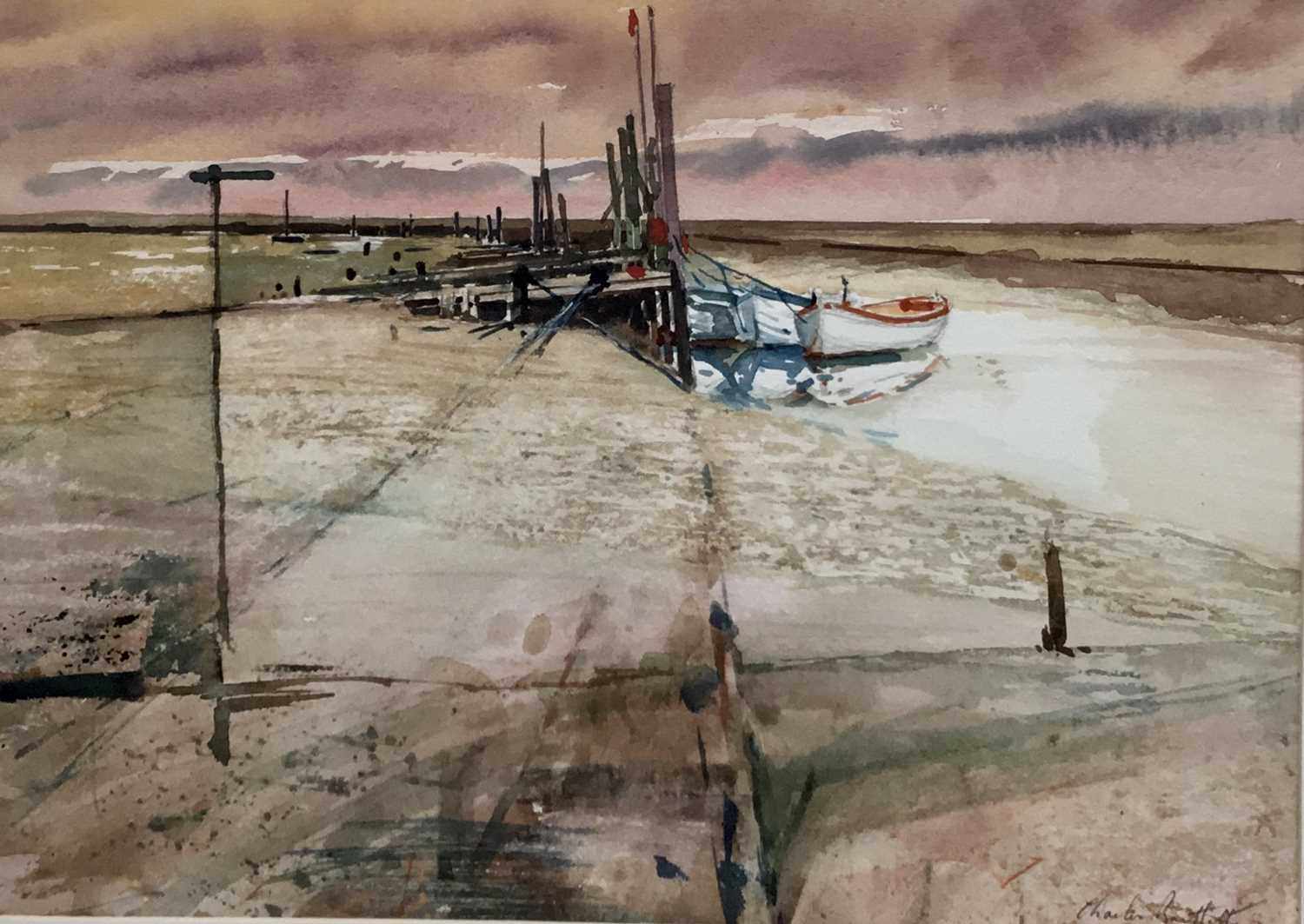 Lot 62 - Charles Bartlett (1921-2014), watercolour - The Quay, Morston, signed, 30cm x 42cm, in glazed frame