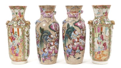 Lot 105 - Pair of Chinese Canton porcelain vases, together with another pair of Chinese vases moulded with dragons.
