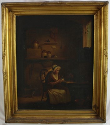 Lot 1223 - English School, 19th century, oil on canvas - interior scene with a lady peeling vegetables, dog beside, 48cm x 39cm, in gilt frame