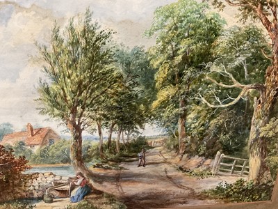 Lot 258 - Victorian watercolour of a horse and trap on a lane, signed with initials, together with three further Victorian watercolours.