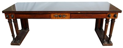 Lot 1303 - Fine Regency mahogany and ebony line inlaid serving table in the manner of George Oakley, with two frieze drawers between finely cast bronze lion mask mounts on four pairs of reeded legs, each with...