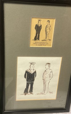 Lot 156 - Bill Tidy (b. 1933) original pen and wash cartoon, together with another original newspaper pen cartoon framed together with original Daily Telegraph clipping