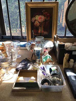 Lot 225 - Silver wine coaster, Edwardian oil on roses, various napkin rings, Chinese pot other items