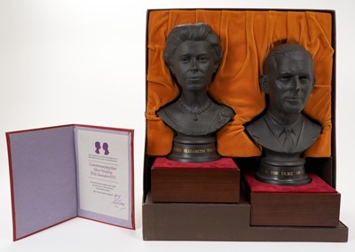 Lot 104 - H.M.Queen Elizabeth II and H.R.H.The Duke of Edinburgh, pair Royal Doulton limited edition black basalt Royal Busts 1972 in box