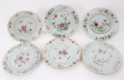 Lot 98 - Six 18th century Chinese famille rose porcelain plates, each painted with flowers