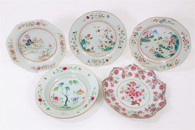 Lot 99 - Five 18th century Chinese famille rose dishes, one of lotus form, the others decorated with landscapes and figures
