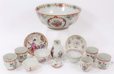 Lot 100 - Group of 18th century Chinese famille rose export porcelain, including five cups, three tea bowls, a sparrow beak jug, two saucers, a bowl and a cover (13)