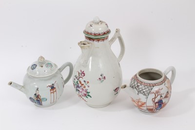 Lot 101 - Two 18th century Chinese famille rose teapots, painted with figures, and a similar coffee pot painted with flowers
