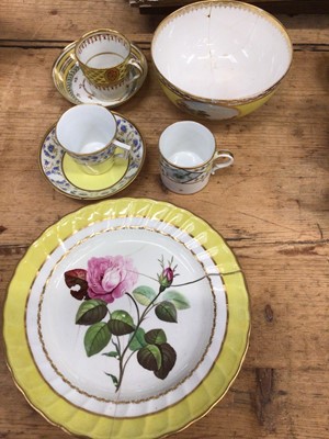 Lot 39 - A Berlin coffee can and saucer, a Paris porcelain coffee can, another can and a saucer, three damaged Derby botanical plates and a Derby yellow ground bowl