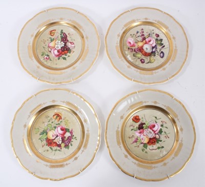 Lot 173 - Four English porcelain dessert plates, painted with flowers, on a grey and gilt ground, circa 
1840