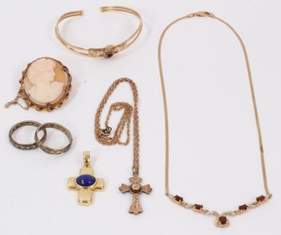 Lot 493 - 9ct gold garnet and diamond necklace, 9ct gold and garnet Fede 
bangle, Italian 18ct gold and lapis lazuli cross and other gold jewellery
