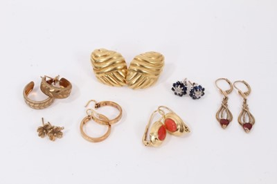 Lot 494 - Pair of 18ct gold clip earrings, pair of 18ct gold and coral earrings, 
a pair of diamond and sapphire cluster earrings, and four pairs 
of 9ct gold earrings